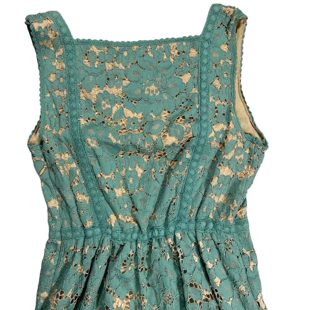 Chelsea & Violet Teal Lace Dress Nude Lined Sleeveless Square Neck Fit Flare XS - Picture 5 of 16